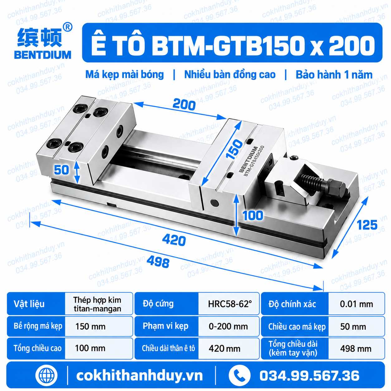 Ê Tô Chính Xác BTM-GTB150×200 – Má 150mm, Mở 200mm, Gá Block Ổn Định Cho Máy Phay CNC