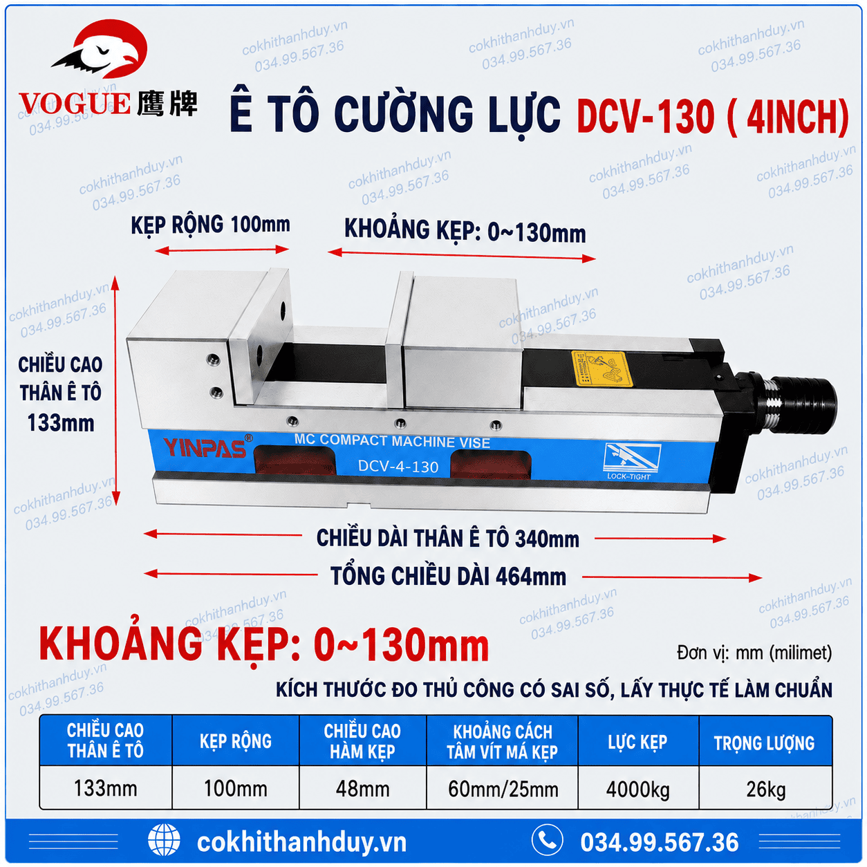Ê Tô Cường Lực DCV-130 – 4 Inch Gọn Bàn Máy, Kẹp 130mm Cho CNC Chính Xác