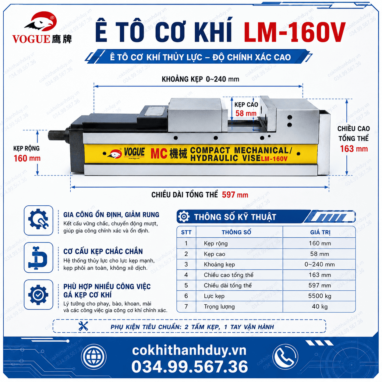 Ê Tô Cơ Khí LM-160V – Trạm Gá 6 Inch Cho Block Lớn, Kẹp 5500kg - Ảnh 4
