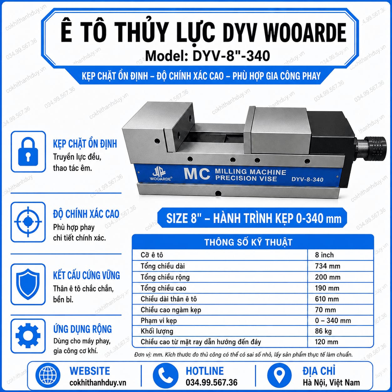 Ê Tô Thủy Lực DYV WOOARDE 8 Inch – Hành Trình 340mm, Gá Block Lớn Chính Xác