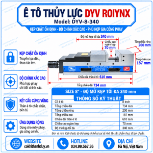 Ê Tô Thủy Lực DYV ROIYNX-8-340 8 Inch – Mỏ 200mm, Mở Tới 340mm Cho Block & Plate Khổ Lớn