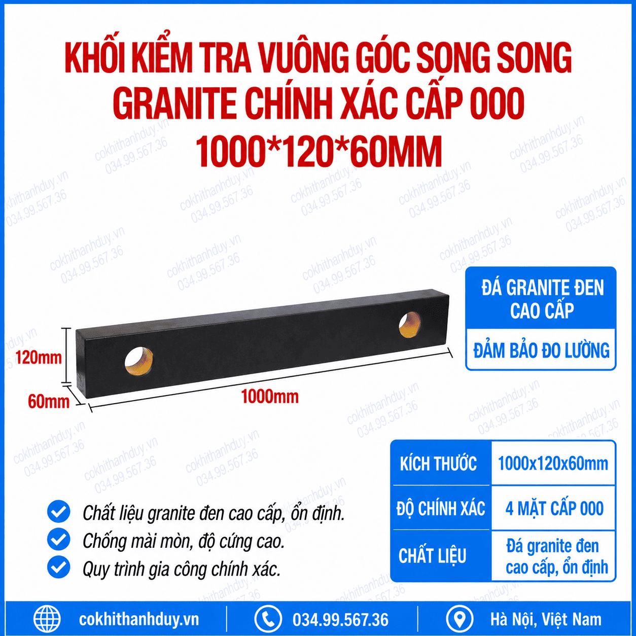 Khối Chuẩn Granite 1000x120x60mm Cấp 000 – Chuẩn Tuyến 1 Mét Kiểm Đồng Tuyến, Song Song & Căn Chỉnh Cụm Máy