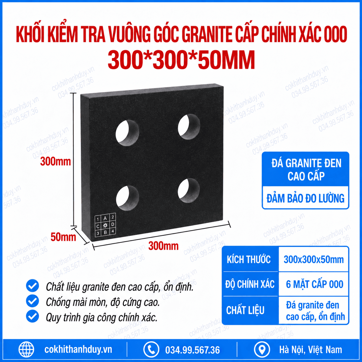 Khối Chuẩn Vuông Granite 300x300x50mm Cấp 000 – Kiểm 6 Mặt, Rà Setup & QC Đa Hướng