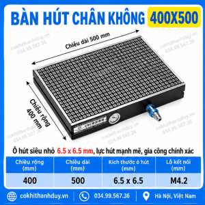 Bàn Hút Chân Không CNC 400x500 – Vùng Gá Dài 500mm, Ô Hút 6.5mm Tối Ưu Plate & Phôi Theo Hàng