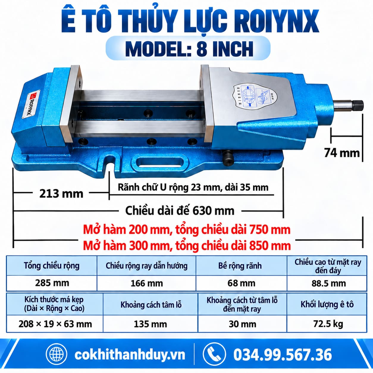 Ê Tô Thủy Lực ROIYNX 8 Inch – Chuyên Gá Phôi Lớn, Gia Công Nặng