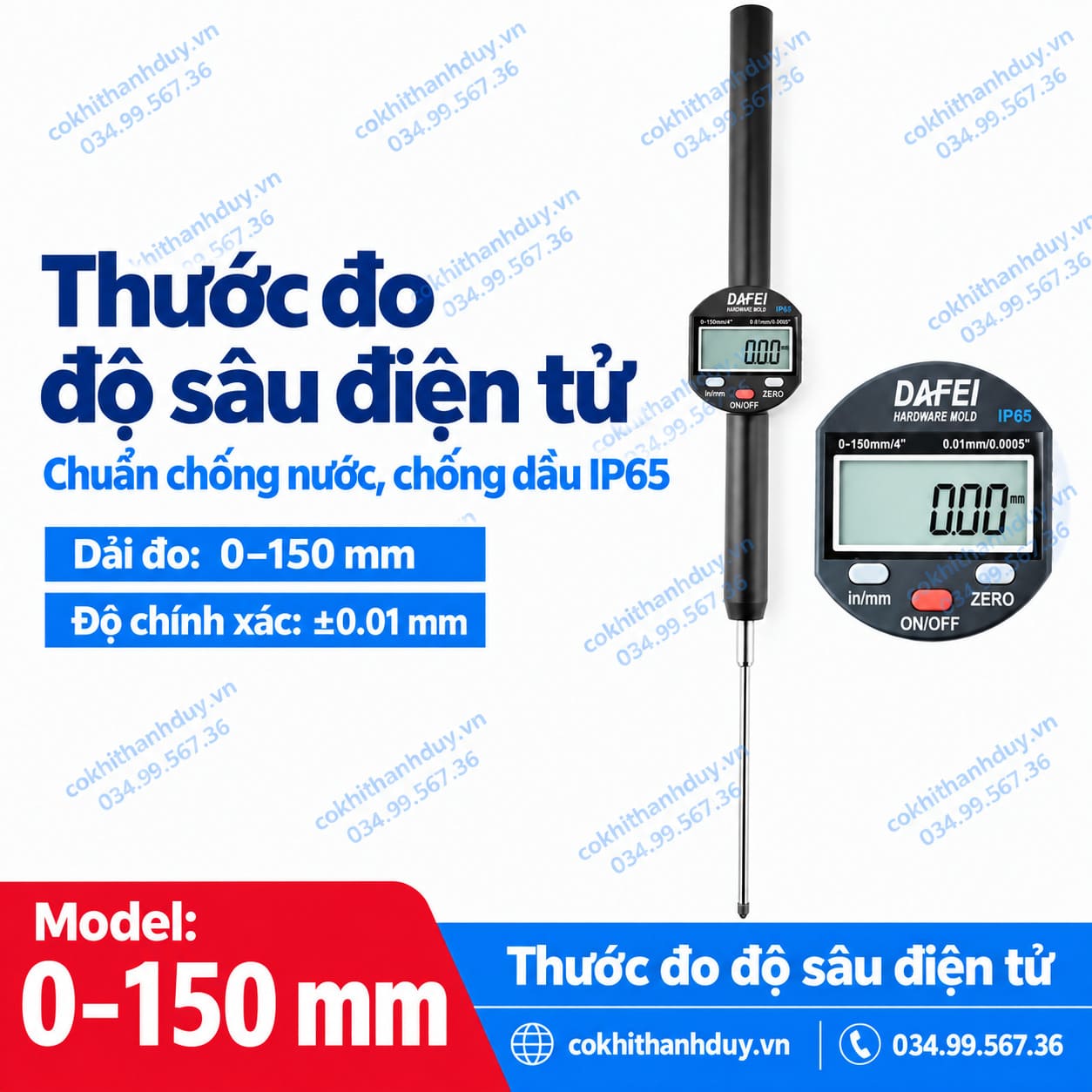 Thước Đo Độ Sâu Điện Tử 0–150mm ±0.01mm – Đo Sâu Chuẩn, Đọc Nhanh