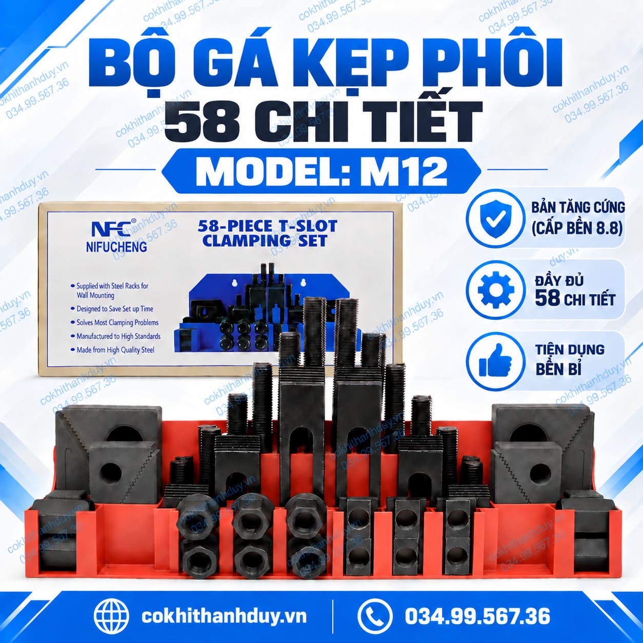 Bộ Gá Kẹp Phôi 58 Chi Tiết M12 – Bản Tăng Cường Cho Bàn Máy Rãnh T