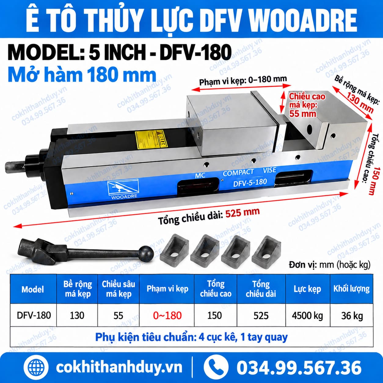 Ê Tô Thủy Lực DFV WOOARDE 5 Inch DFV-180 – Mở 180mm, Lực Kẹp 4500kg