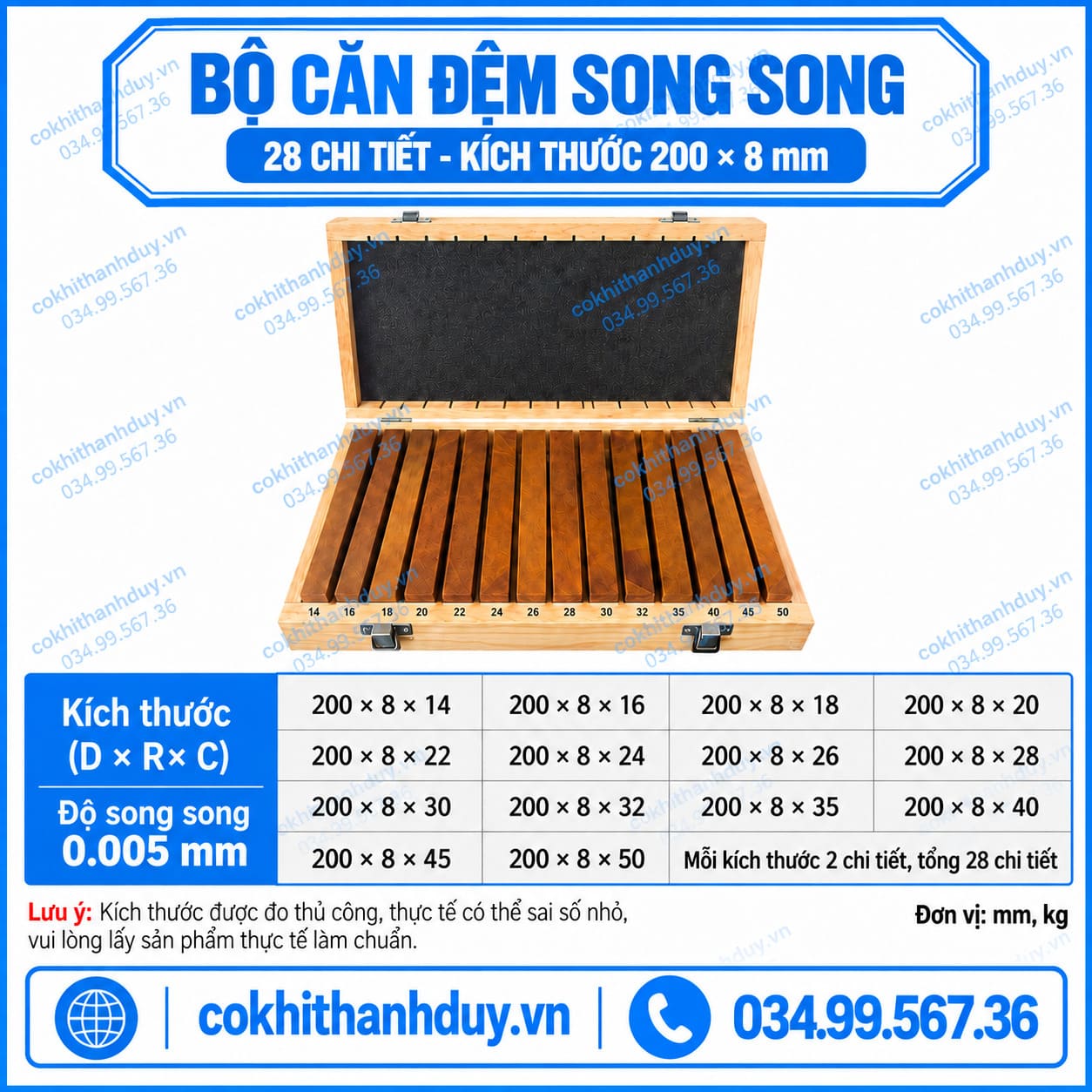 Bộ Căn Đệm Song Song Ê Tô 28 Chi Tiết 200×8mm – Độ Song Song 0.005mm