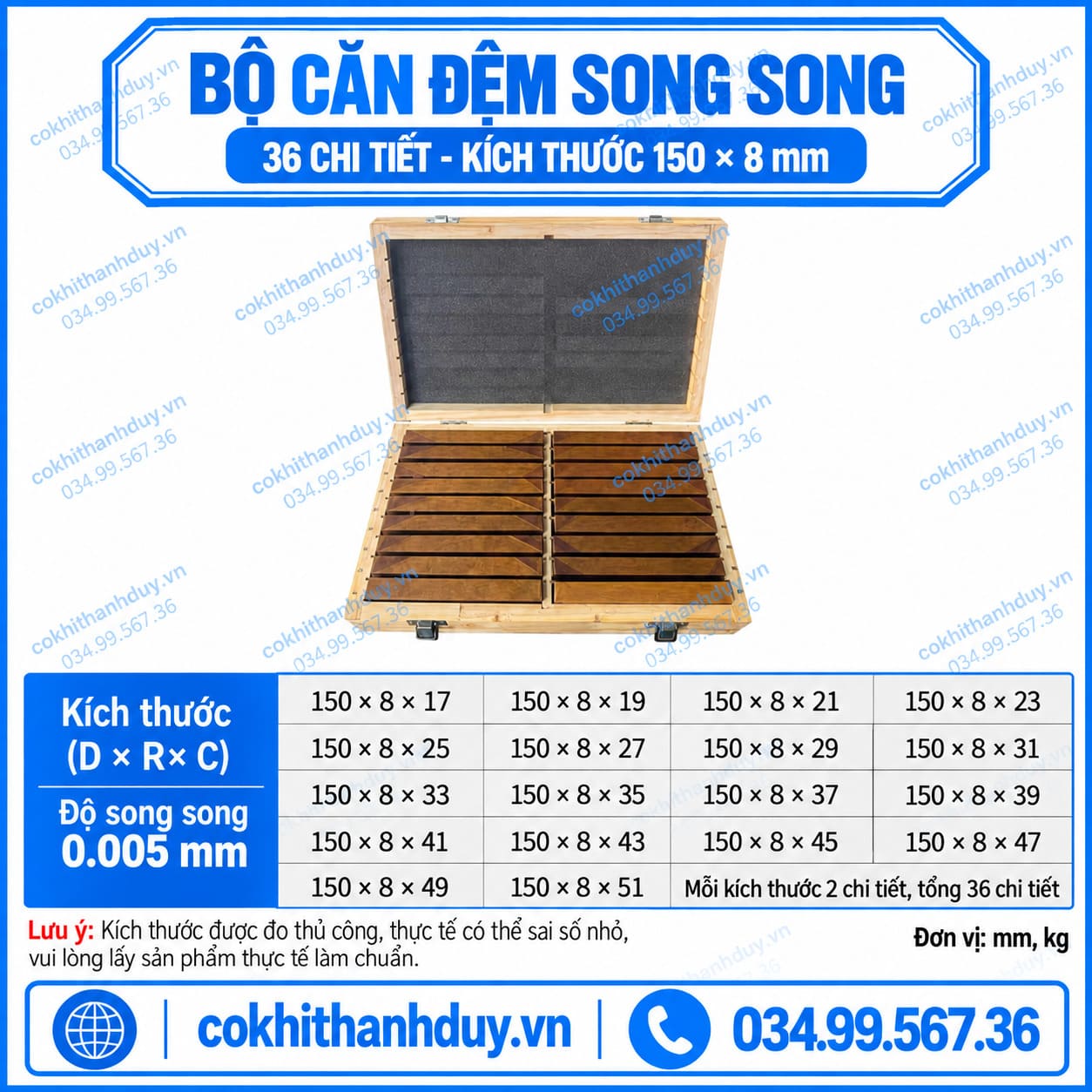 Bộ Căn Đệm Song Song 36 Chi Tiết 150×8mm – Đa Dải Chiều Cao, Gá Chuẩn Gia Công Hiệu Quả