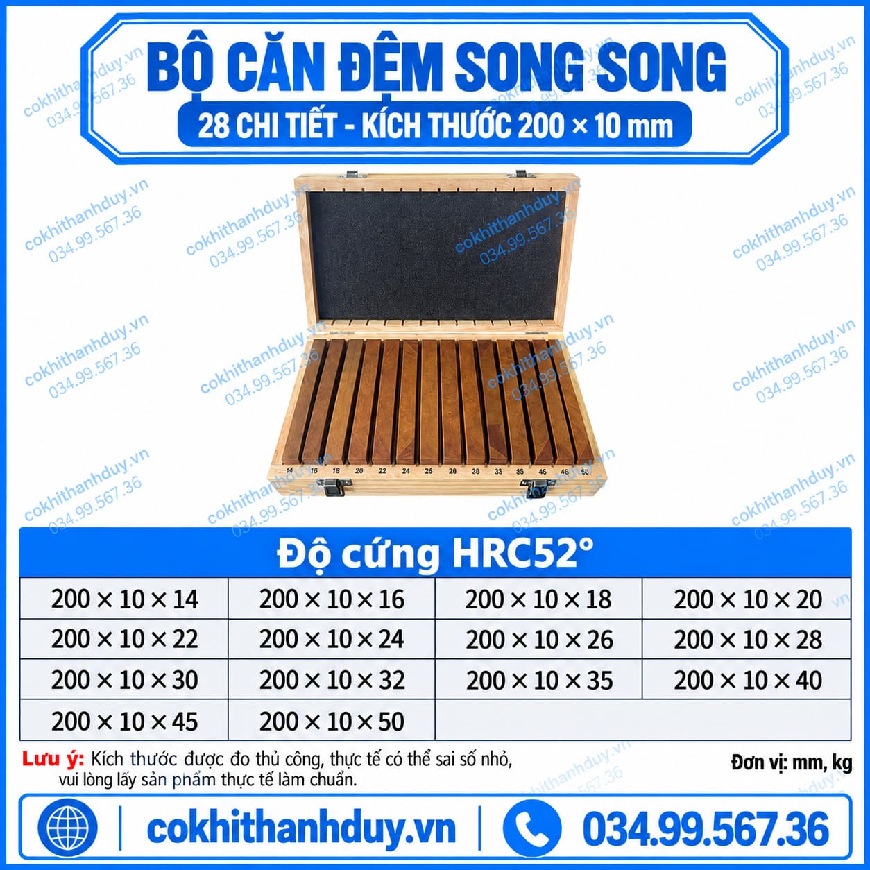 Bộ Căn Đệm Song Song 28 Chi Tiết 200×10mm HRC 52 – Bản Dày, Kê Phôi Ổn Định
