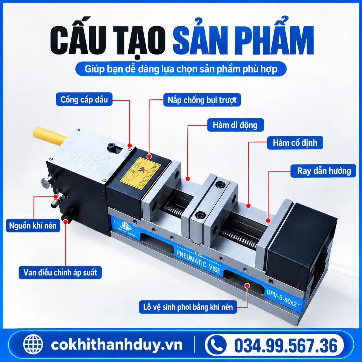 Ê Tô Khí Nén Thủy Lực DPV WOOARDE 8 Inch – Kẹp Đôi 150×2, Má Kẹp 200 mm - Ảnh 2