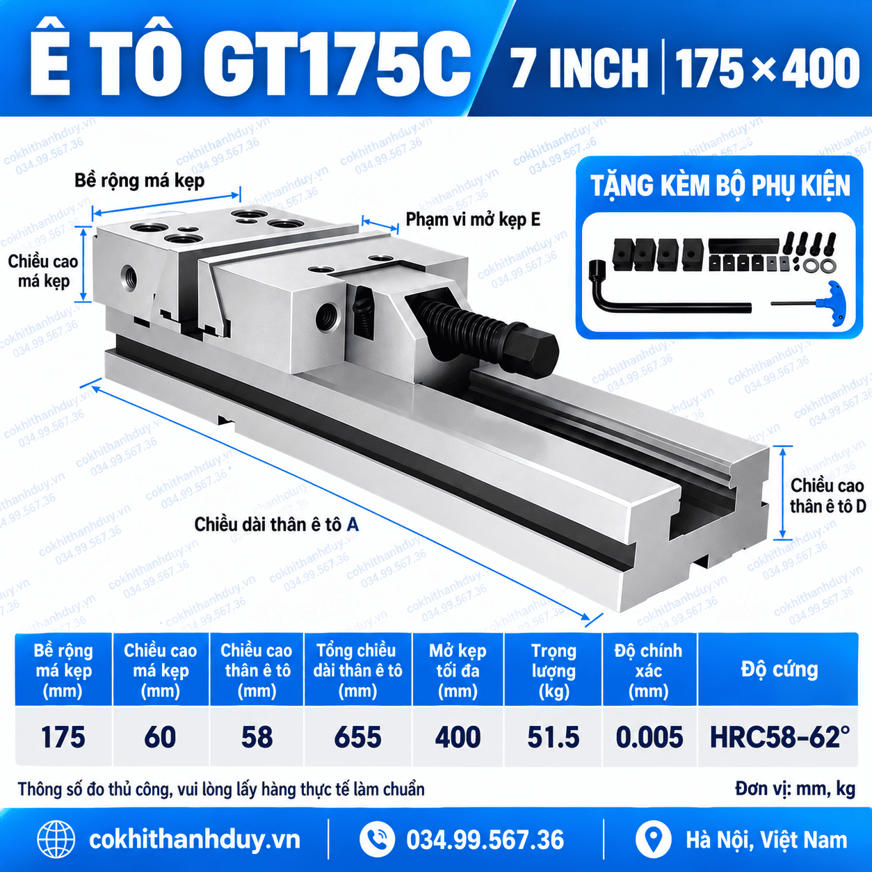 Ê Tô Chính Xác GT175C 7 Inch – Má 175mm, Mở 400mm, Chuyên Gá Plate & Block Khổ Lớn