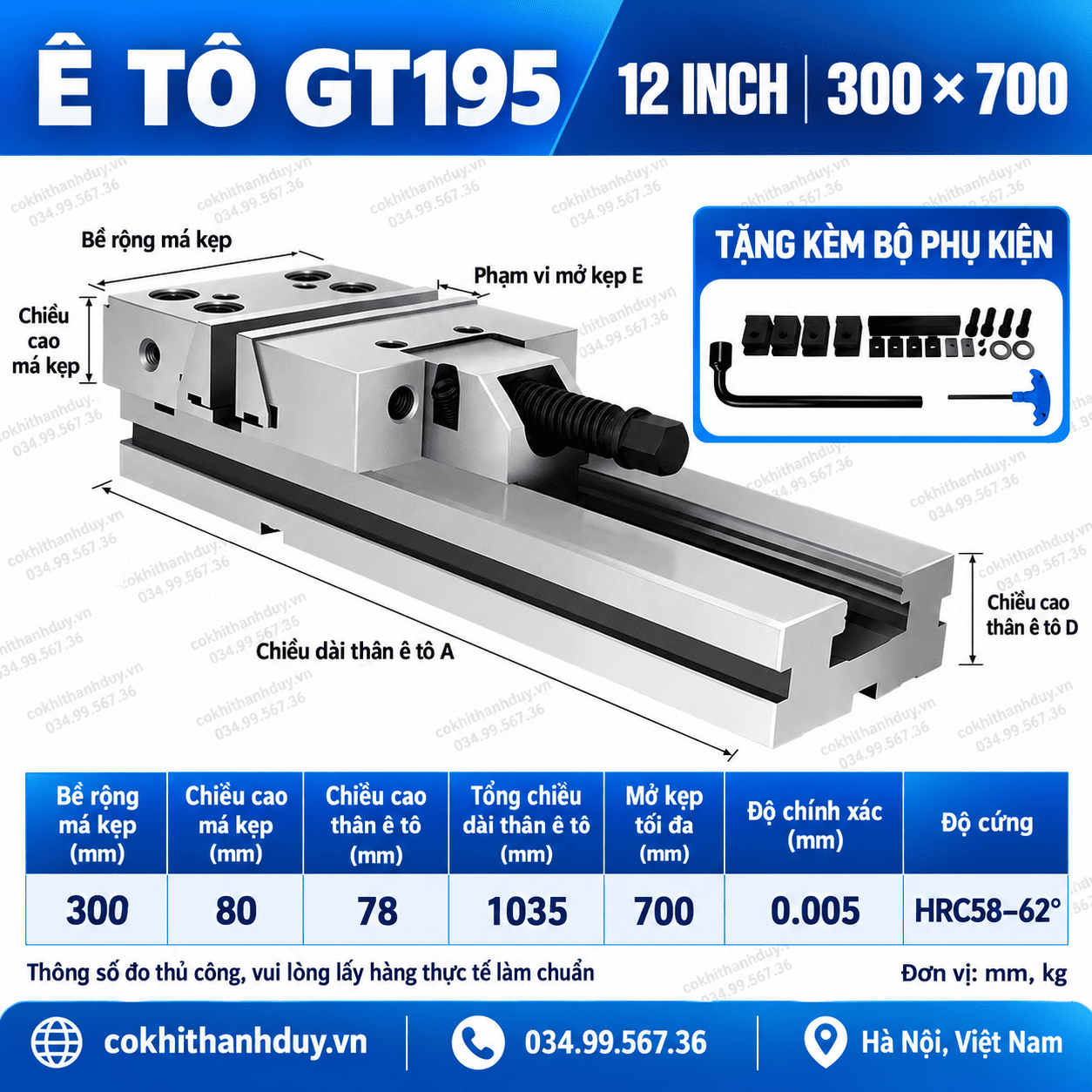 Ê Tô Chính Xác GT195 12 Inch – Má Rộng 300mm, Mở 700mm, Chuyên Gá Block & Plate Khổ Lớn